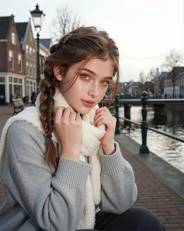 AI companion character with brown hair seated outside a cafe